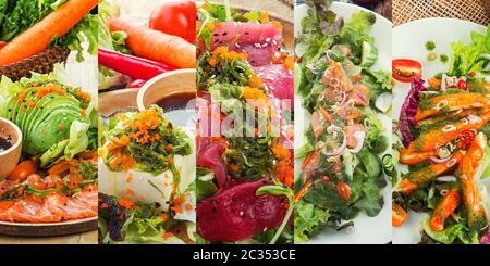 Asian salad with tofu and fresh vegetables Mixed sliced fish sashimi, thin sliced raw meat salmon , tuna, Sashimi is a Japanese traditional food of a Stock Photo