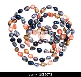 tangled hand crafted necklace from colored river pearls beads isolated on white background Stock Photo