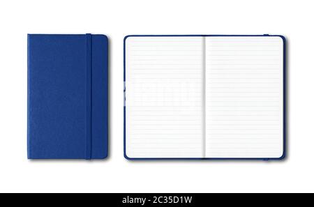 Marine blue closed and open lined notebooks mockup isolated on white Stock Photo