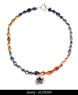 hand crafted necklace from colored river pearls with pendant isolated on white background Stock Photo