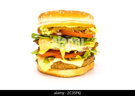 Double meat and cheese burger on white background Stock Photo