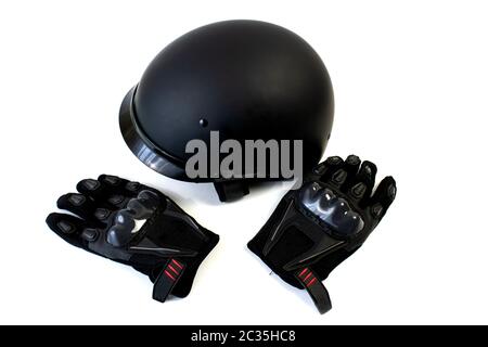 isolated on a white background motorcycle helmet and biker gloves Stock Photo