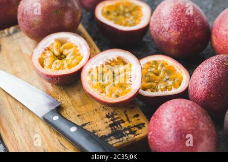 Fresh passion fruit on the dark background Stock Photo