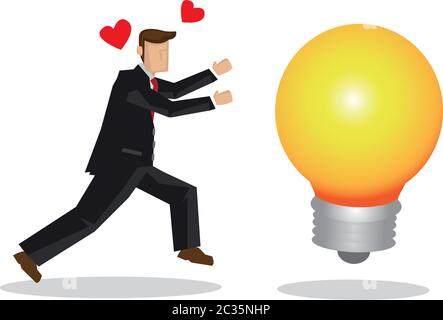 Businessman chasing after a giant light bulb. Concept of idea sourcing, innovation or creative thinking. Flat isolated vector illustration Stock Vector