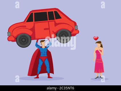 Pretty damsel in distress fall in love with superhero who shows off strength by lifting a car. Vector cartoon illustration isolated on plain purple ba Stock Vector