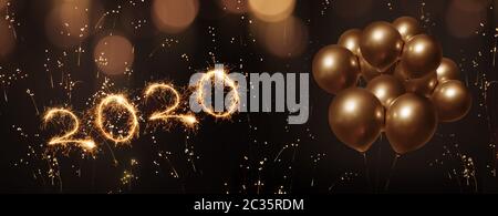 Sparkling 2020 firework with golden balloons and festive bokeh on night sky. Background for a new years concept and space for a text message. Stock Photo