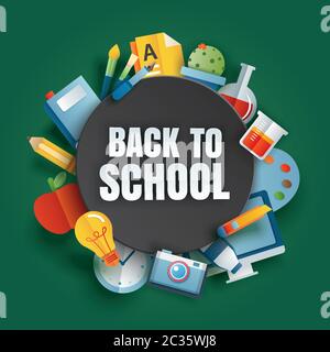 Back to school banner with education items and text in paper art style. Stock Vector