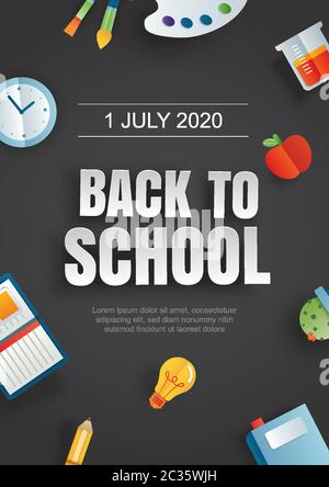 Back to school poster with education items on black background in paper art style. Stock Vector