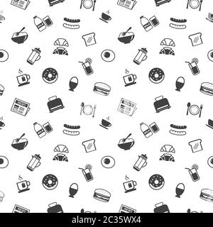 Breakfast set seamless pattern background. Set of hamburger, coffee, tea, fried egg, croissant, juice, donut. Stock Vector
