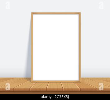 Frame with poster mockup standing on the wooden table. Stock Vector