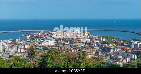 Panorama of the Casco Viejo Old Quarter, the historic city center of Panama City with the Interoceanic Highway in the background, Panama. Stock Photo