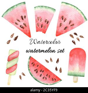 Watercolor set with watermelon slices, popsicles. Raster hand drawn elements isolated on white. Stock Photo