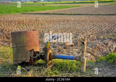 Rusted, old water pump set used by Indian farmers to grow paddy in a field with deep shallow pipeline, selective focusing Stock Photo
