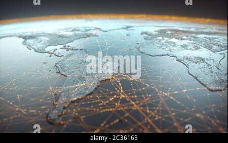 Globalized world, the future of digital technology. Connections and cloud computing in the virtual world. World map with satellite data connections. C Stock Photo