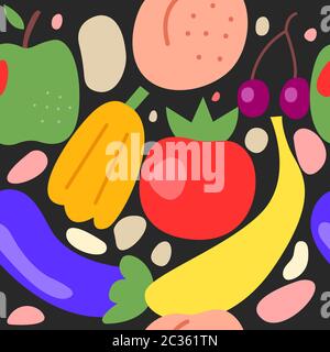 Fruit and vegetables seamless pattern, fruit doodles background, freehand style Stock Vector