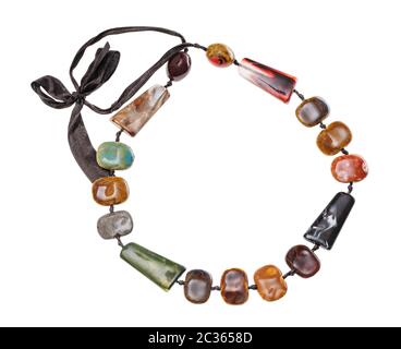 top view of necklace from various hand made ceramic beads isolated on white background Stock Photo