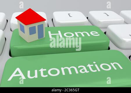 3D illustration of computer keyboard with the script Home Automation on two adjacent pale green buttons, and a house on one of these buttons Stock Photo