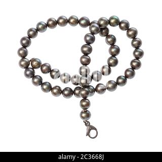 top view of tangled necklace from natural black pearls isolated on white background Stock Photo