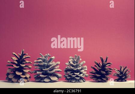 Five pine cones on a white wooden board with red background, seasonal or Christmas background with space for text Stock Photo