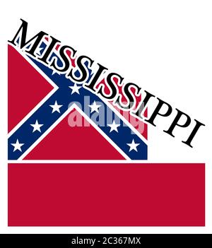 Text in red and white proclaiming Mississippi with a shadow backdrop over the state flag Stock Photo