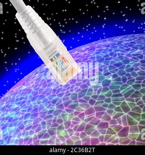 Conceptual shot of data cable with rj45 connecting to abstract world globe. Global network communication abstract shot. Stock Photo