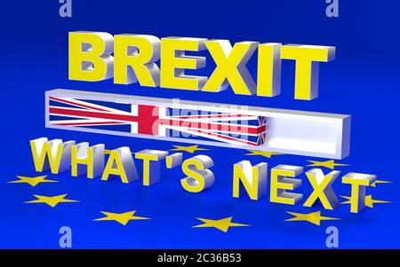 The text and loading bar symbolize GB leaving EU. Text written Brexit What's next. 3D rendering Stock Photo