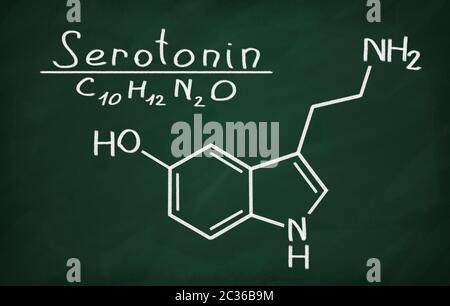 Structural model of Serotonin on the blackboard. Stock Photo