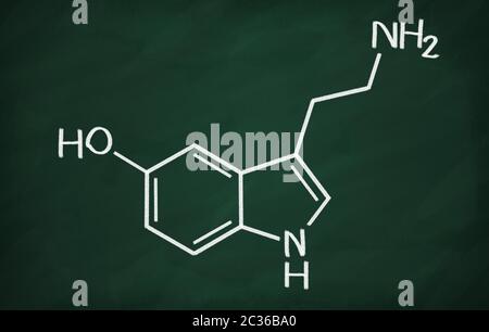 Structural model of Serotonin on the blackboard. Stock Photo