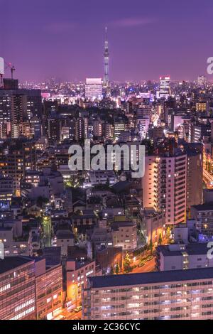 Aerial night view of the district of Korakuen in Tokyo with the skytree tower in background. Stock Photo