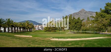 golf resort with luxury accommodation and services, in a tropical pass with palm trees and a top view. Stock Photo