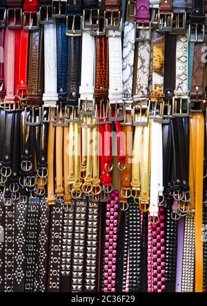 Leather belts in various colors Stock Photo