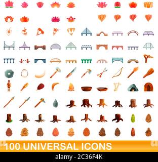 100 universal icons set. Cartoon illustration of 100 universal icons vector set isolated on white background Stock Vector