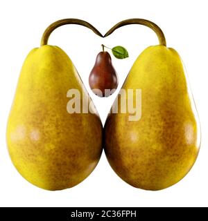 Two sweet pears one red in the middle in the heart on a white background Stock Photo