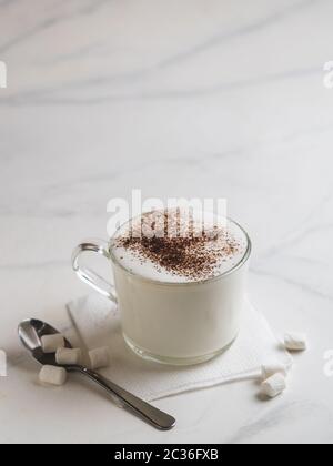 Babyccino Whipped Milk Or Cream With Cocoa Or Cinnamon Powder And Marshmallow Idea And Recipe For Kids Drink Warm Whipped Milk Without Coffee Babyccino In Glass Cup On Marble Table Copy