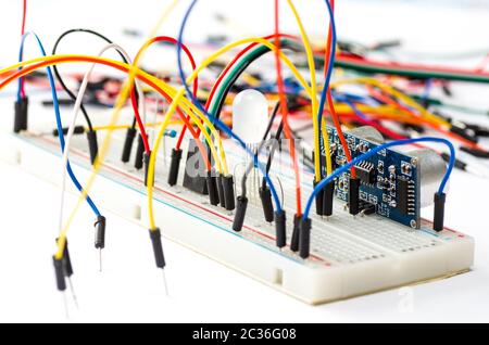 Prototyping electronic board with some components and wires Stock Photo