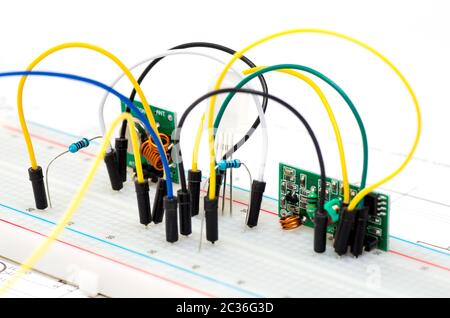 Prototyping electronic board with some components and wires Stock Photo