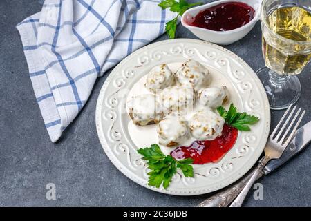 Traditional Swedish meatballs with cream sauce. Stock Photo