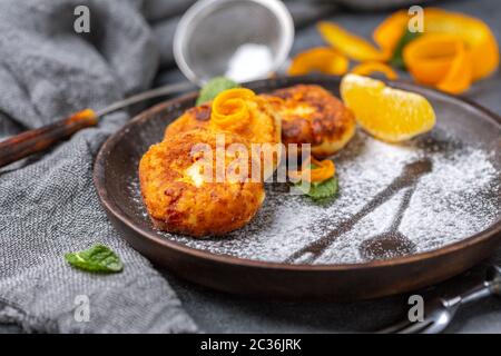 Image result for Homemade cottage cheese pancakes with orange zest Stock Photo - Alamy