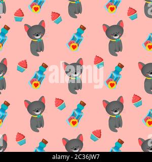 Seamless pattern for girls. Alice in Wonderland. Through the looking glass. Book characters. Cheshire Cat. Tea party Pink color. Stock Photo