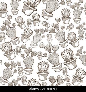Cactus plant growing in pot, monochrome seamless pattern Stock Vector
