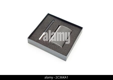 Visit card holder and pen in gift box Stock Photo