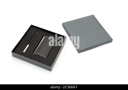 Visit card holder and pen in gift box Stock Photo