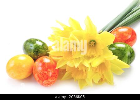 Daffodils And Easter Eggs Isolated On White Stock Photo