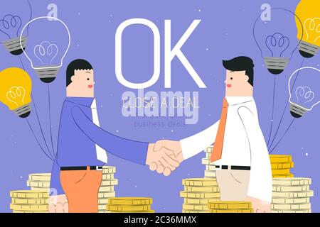 Businessmen shaking hands with smile and there're piles of golden coins around them, Close a deal concept flat design on purple background Stock Vector