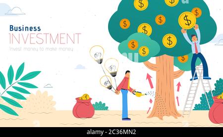 Business investment concept flat design, businessmen watering money tree and get coins from it, revenue and income metaphor illustration Stock Vector