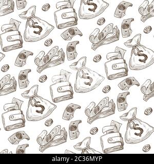 Bags and wallets filled with money seamless pattern Stock Vector