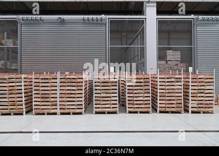 Crates of Tomatoes at Pallets in Warehouse Stock Photo