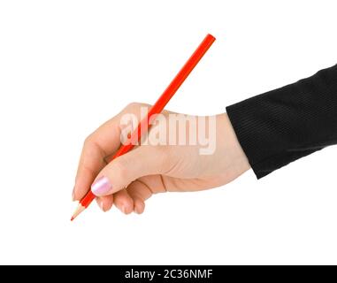 Red pencil in hand Stock Photo