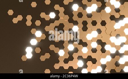 3d rendering image of hexagon shape background, gold, carbon fiber and light. Stock Photo