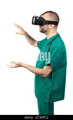 studio portrait of a doctor using a virtual reality device. concept of progress in medicine. Stock Photo